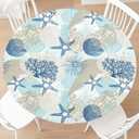 KSLIDS Round Fitted Tablecloth with Elastic Edge Nautical Coastal Picnic Table Cover Summer Starfish Seashell Beach Ocean Themed Waterproof Table Cloth Fit 36"-40" Tables for Outdoor,Patio,Dinner