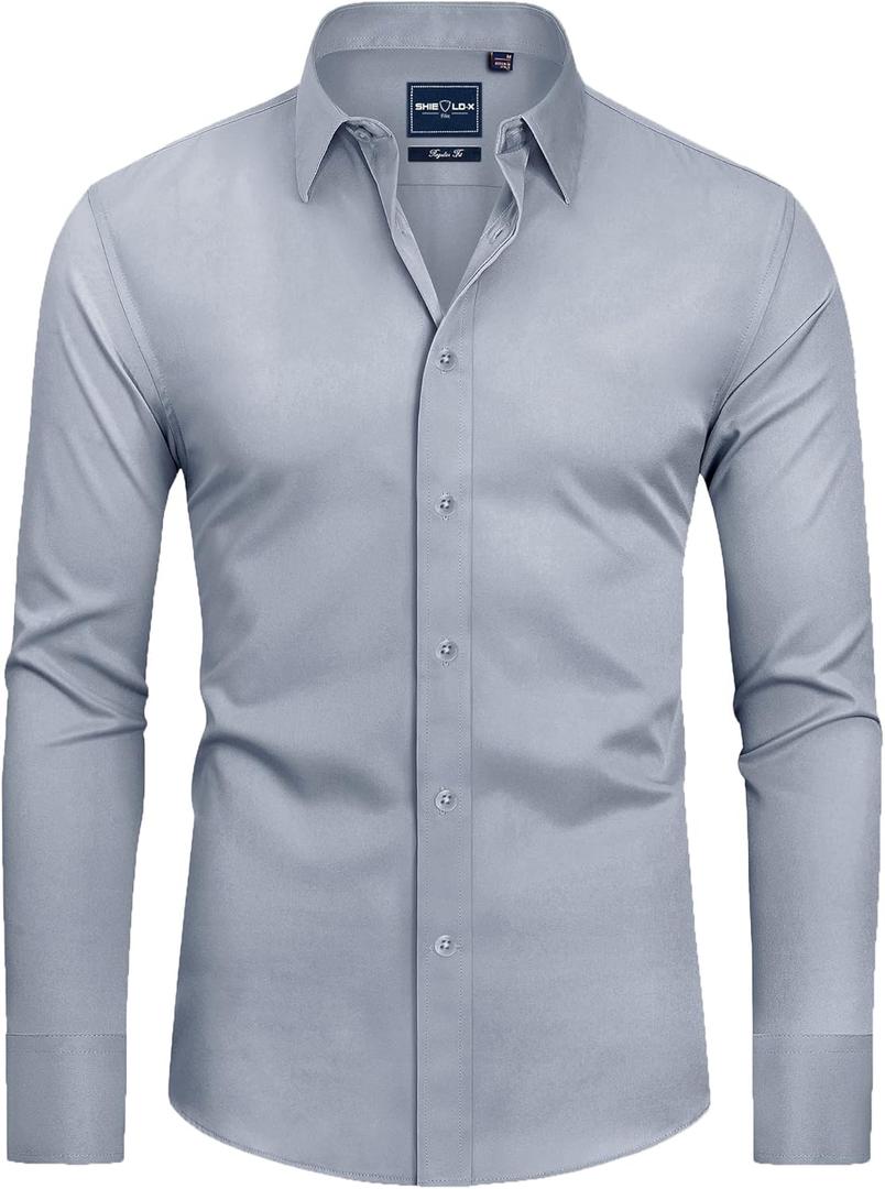 Alimens & Gentle Slim Fit Dress Shirts for Men Long Sleeve Stretch Stain Proof Wrinkle Free Button Down Shirts Formal Shirts (Small, Sliver Grey)