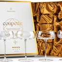 GLASSIQUE CADEAU Crystal Cocktail and Champagne Coupette Glasses | Set of 4 | 9 oz Elegant Long Stemmed Coupe Glassware for Gimlet, Espresso Martini, Daiquiri, Cosmopolitan | Fancy Round Saucers