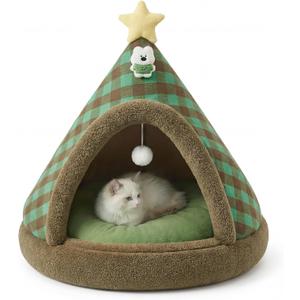 Jiupety Cat Beds for Indoor Cats,Cat House with Removable Washable Cushioned,2-in-1 Cat Bed Cave with Anti-Slip Bottom Ultra-Soft Cat Tent for Kittens and Small Pets,Green 18.9In