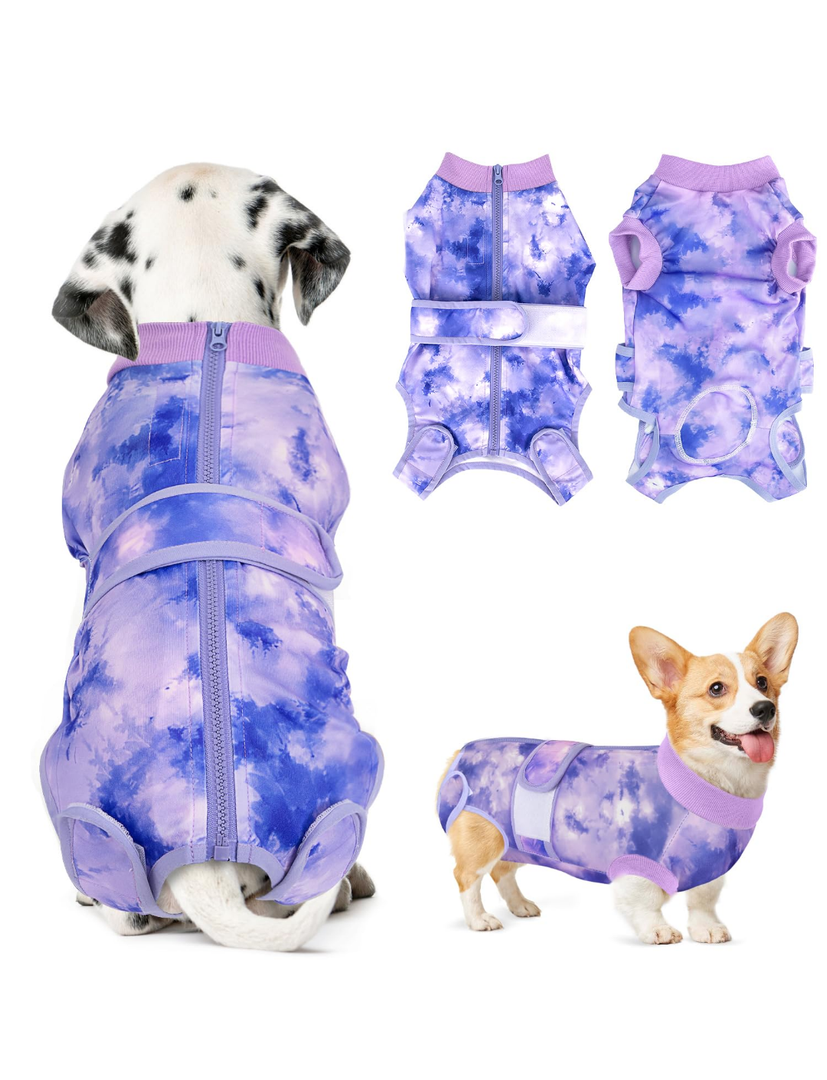 Lukovee Recovery Suit for Dogs, Zipper On Recovery Suit for Female Male Dog, Onesie Abdominal Wounds Cone E-Collar Alternative Prevent Licking Spay Recovery Suit (Medium, Purple Tie-dye)