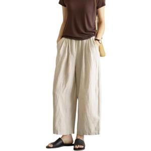 Yeokou Womens Linen Pants Summer Casual Capris Cropped Wide Leg Beach Trousers with Pockets(Beige-S)