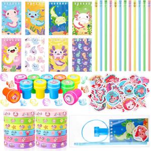 Giegxin 110 Pcs Axolotl Party Favors Axolotl Birthday Party Supplies Cute Animal Mini Notebooks Pens Stamps Bracelets Stickers Organza Bags Set for Birthday Gifts Office School Classroom Rewards
