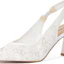 Slingback Wedding Heels for Women Bridal Lace Mesh Kitten Heel Closed Pointed Toe Pearl Pumps Shoes (White) Size 7 