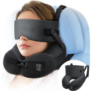 Travel Pillow for Long Flight Airplanes, Head Strap with Soft Eye Mask for Sleep, Memory Foam Travel Neck Pillow for Car Trip Essential, 360 Headrest Support to Stop Bobblehead, EVA Travel Case, Grey