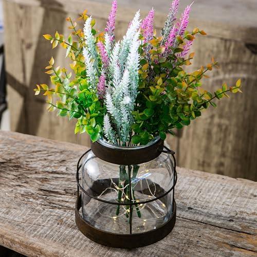 Sowlvenco Vintage Glass Vase for Modern Farmhouse Decor, Primitive Clear Vases with Lights and Artificial Plants, Rustic Country Vase for Shelf, Cottage Style Table Centerpiece