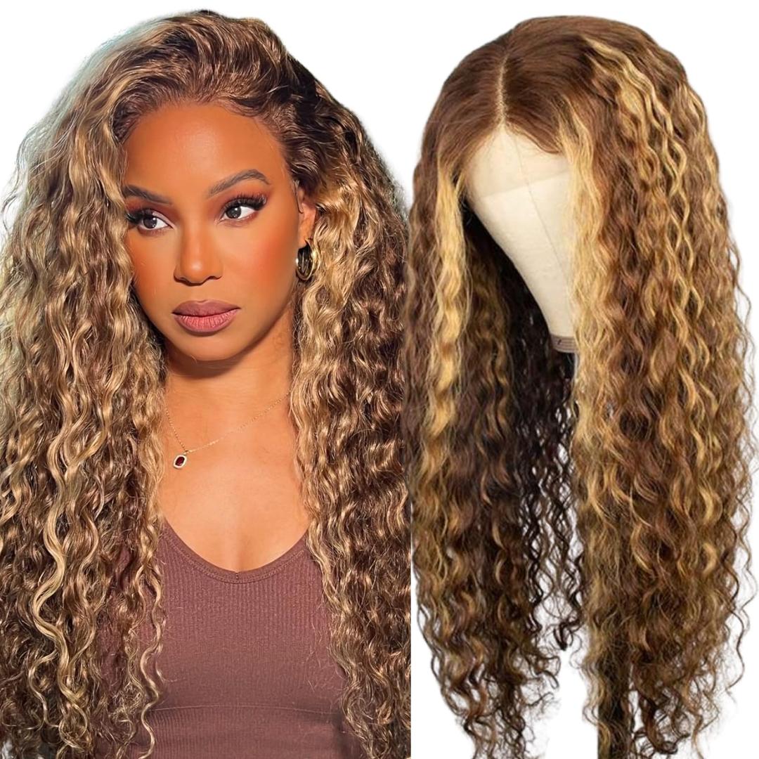 PYY Deep Wave Lace Front Wigs Human Hair Highlight Ombre Deep Wave Wig 13x4 HD Transparent Lace Front Pre-Plucked with Baby Hair 4/27 Colored Wig For Black Women 26 Inch