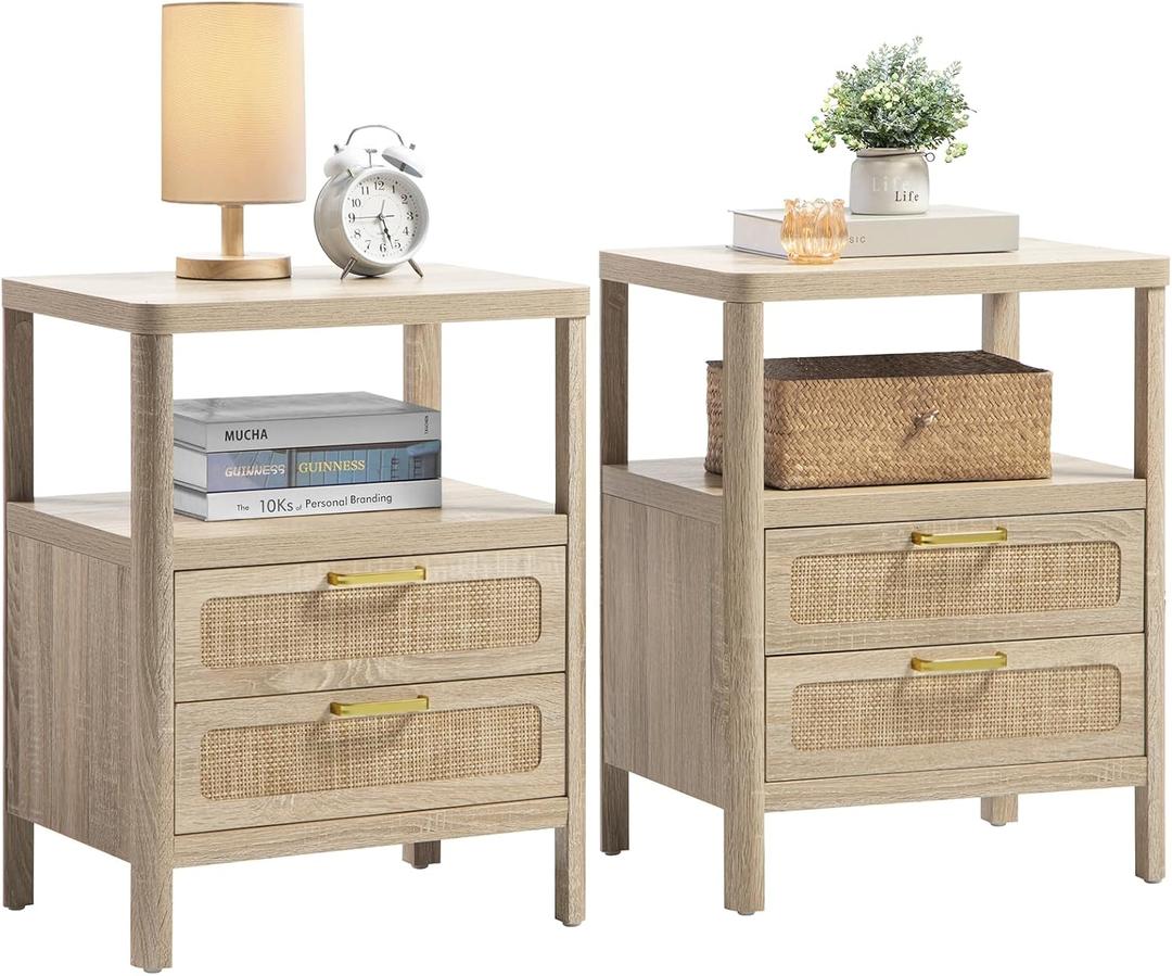 Nightstands Set of 2 - Rattan Night Stand Bedside Table with 2 Rattan Drawers, Open Storage Shelf, Farmhouse Wood Bed Side Tables End Table for Bedroom Living Room, Natural