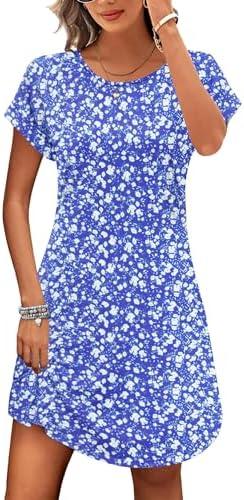 PLOKNRD Women's Casual Dress Summer Short Sleeve T-Shirt Dress Crew Neck Basic Dresses 2025, XXL, Blue White Flowers