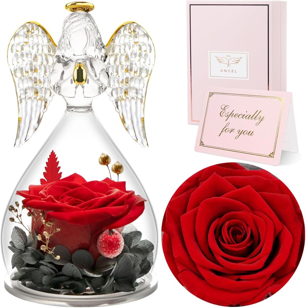 Sunia Valentines Day Rose Gifts for Women, Birthday Gifts for Mom Grandma, Forever Preserved Flower in Glass Angel Figurines Flowers for Delivery Prime, Mothers Day Real Roses for Her Wife (Red)