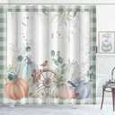Fall Pumpkin Shower Curtain Eucalyptus Leaves Green Plaid Farmhouse Autumn Harvest Thanksgiving Bathroom Curtains Waterproof Polyester Fabric Bath Curtain 72 x 72 Inch with 12 Plastic Hooks