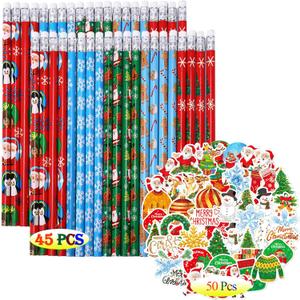 Merry Christmas Pencils for Kids Party Supplies Favors - 45PCS Pencils+50PCS Sticker Multicolored Snowman Santa Claus Christmas Tree Elk Stationery Pencil Office School Party Favors Decorations
