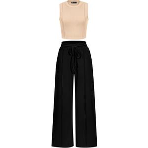 PRETTYGARDEN Women's Summer 2 Piece Loungewear Set Cropped Tank Top Wide Leg Sweatpants Tracksuit Casual Outfits (S)