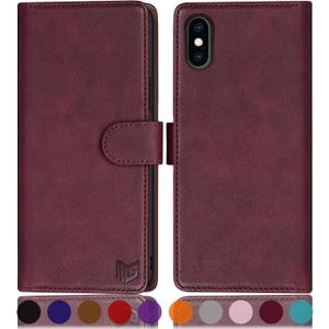 SUANPOT for iPhone X/XS 5.8inch(Non XS Max 6.5") with RFID Blocking Leather Wallet case Credit Card Holder, Flip Folio Book Phone case Shockproof Cover for Women Men for Apple X/Xs case Wine Red