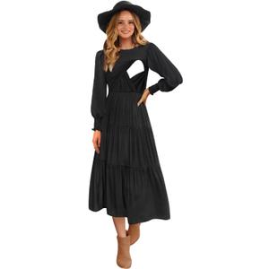 CzzzyL Womens Flutter Long Sleeve Smocked Tiered Nursing Dress for Breastfeeding with Pockets (Large, Black-09)