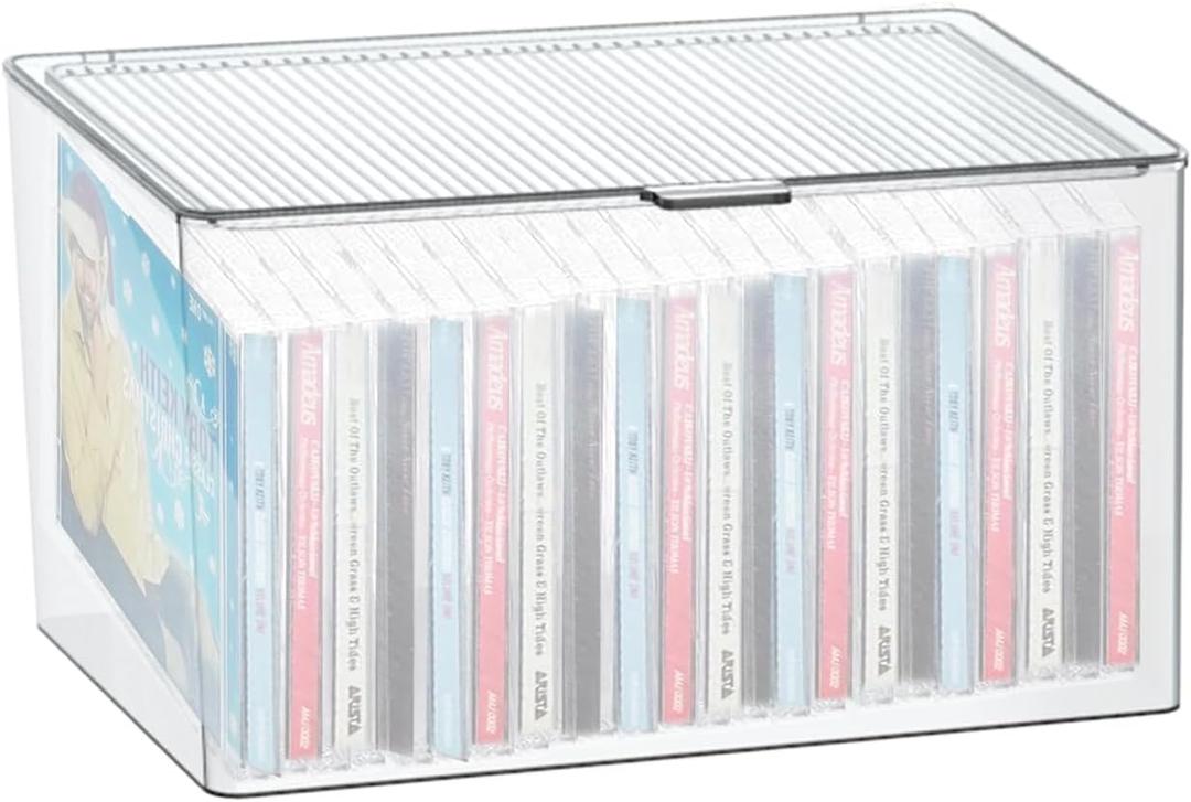 Flip CD Storage Box with 24 pcs CD Cases, Plastic Stackable DVD Display Organizer Case for CDs DVDs Video Game Comic Books, 10.1 x 5.5 x 5.9 Inch(CD Box with 24 CD Cases)