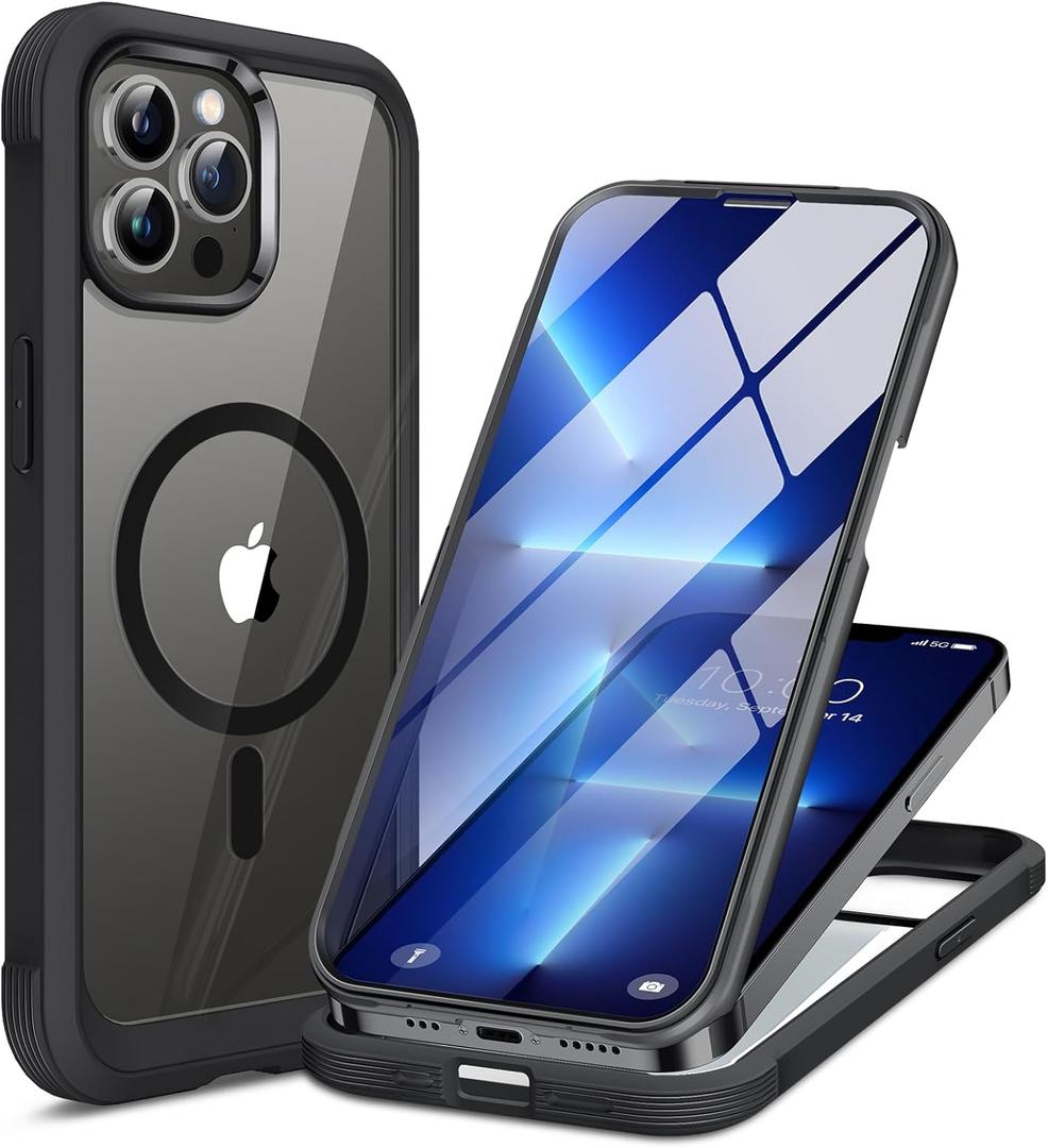 Miracase Glass Case Compatible with iPhone 13 Pro Max Case 6.7 inch, [Compatible with MagSafe] Full-Body Phone case with Built-in Glass Screen Protector& Camera Protector (Black) (iPhone 13 Pro Max 6.7'', Magnetic Classic Black)