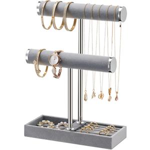 bussdis 2 Tier Bracelet Holder Display - Detachable T Bar Grey Velvet Bracelet Holder, Jewelry Holder Organizer for Bracelet, Necklace, Earrings, Rings