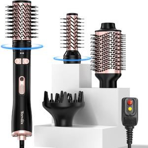 Terviiix 4-in-1 Hot Air Rotating Blow Dryer Brush Kit 1000W with Rotatable Round Brushes (2 Sizes), Oval Volumizer, and Diffuser Ideal for Curly Hair, with Arthritis-Friendly Big Buttons, Black