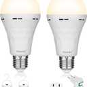 Ostwiki 2 Pack Rechargeable Light Bulb,Emergency Light Bulbs for Power Outage Hurricane Camping 9W E27 3000K Warm 1200mAh Battery Backup Soft Light Bulbs for Lamps,Battery Bulb