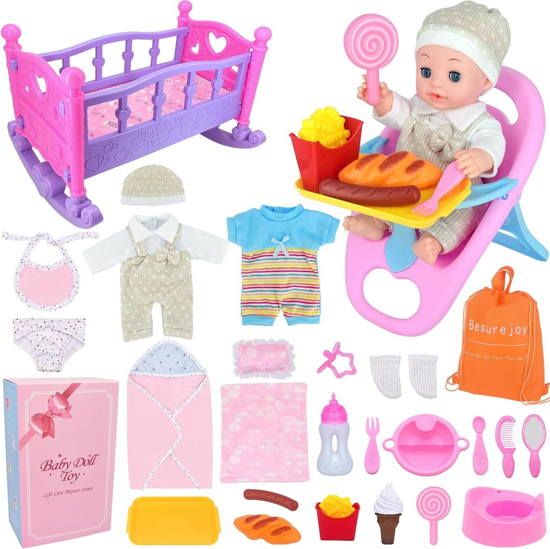 12'' Baby Doll Care Playset with High Chair, Crib Bed, Swaddle,Blanket, Pacifier, Bib,Diaper,Feeding Accessories and Backpack. 26 PCS Kids Pretend Play Reborn Toy Gifts Set for Girls Ages 3+