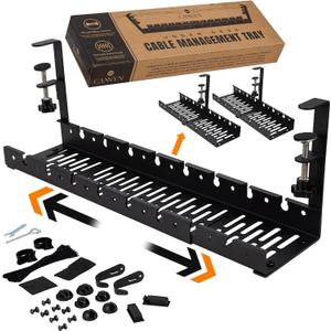 No Drill Under Desk Cable Management Tray - Extendable 16" to 31" Sturdy Steel Desk Cord Hider Raceway - Under Desk Cable Tray Holder with 38 Wire & Cable Rack Organizer Accessories - Black