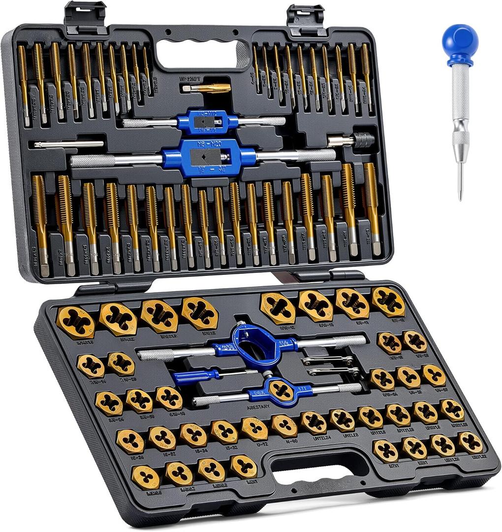 Orion Motor Tech 87pc Tap and Die Set, SAE and Metric Threading Tool Kit for Coarse & Fine Internal and External Threads, Complete Threading and Rethreading Tool Kit with Accessories and Storage Case
