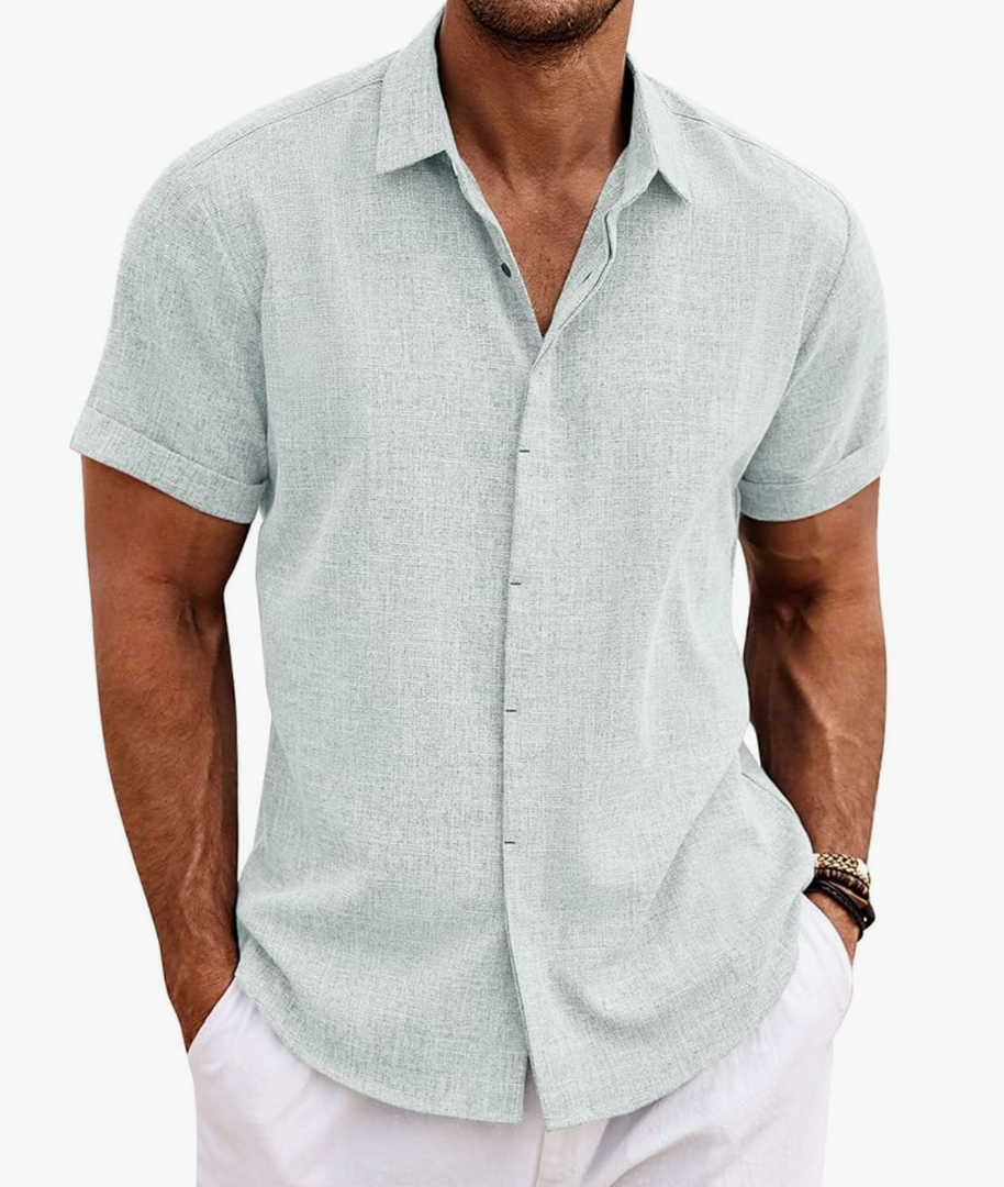 COOFANDY Men's Linen Shirts Short Sleeve Casual Shirts Button Down Shirt for Men Beach Summer Wedding Shirt Size 2 XL