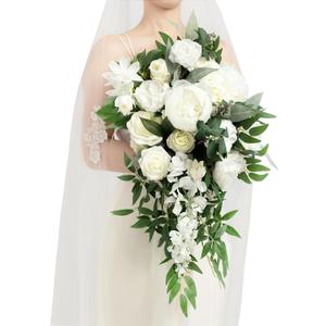 Ling's Moment White Bridal Bouquet Cascading, Ivory Wedding Bouquets for Bride, 15 Inch Bride Bouquets for Wedding Artificial Flowers Bouquets