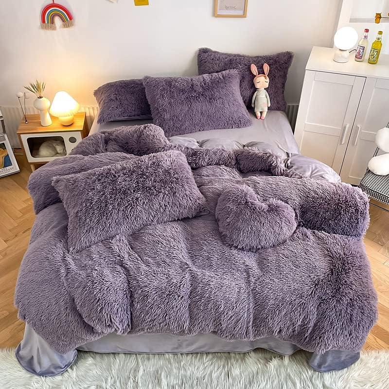 Faux Fur Kid Girls Purple Comforter Sets Twin/Full - 3PC Bed Set Warm Comfortable Soft Plush Flannel Velvet Fluffy Fuzzy BeddingComforter x 1 Pillowcases x 2