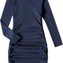 OYOANGLE Girl's Long Sleeve Ribbed Knit Drawstring Side Ruched Bodycon Short Dress Navy Blue 9Y