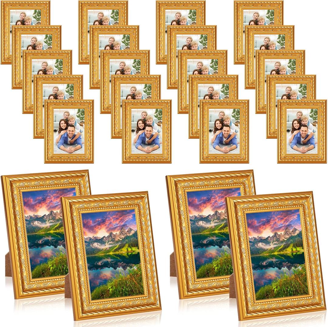 Remerry 24 Pieces 3.5 x 5 Picture Frame Beaded Gold Frames Vintage Ornate Photo Simple Modern Tabletop Holder Place Card for Christmas Wedding Home Decor