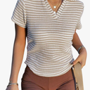 OYOANGLE Women's Striped Knitted Tee Shirt Short Sleeve Collar Top Ruched Going Out Tops Medium