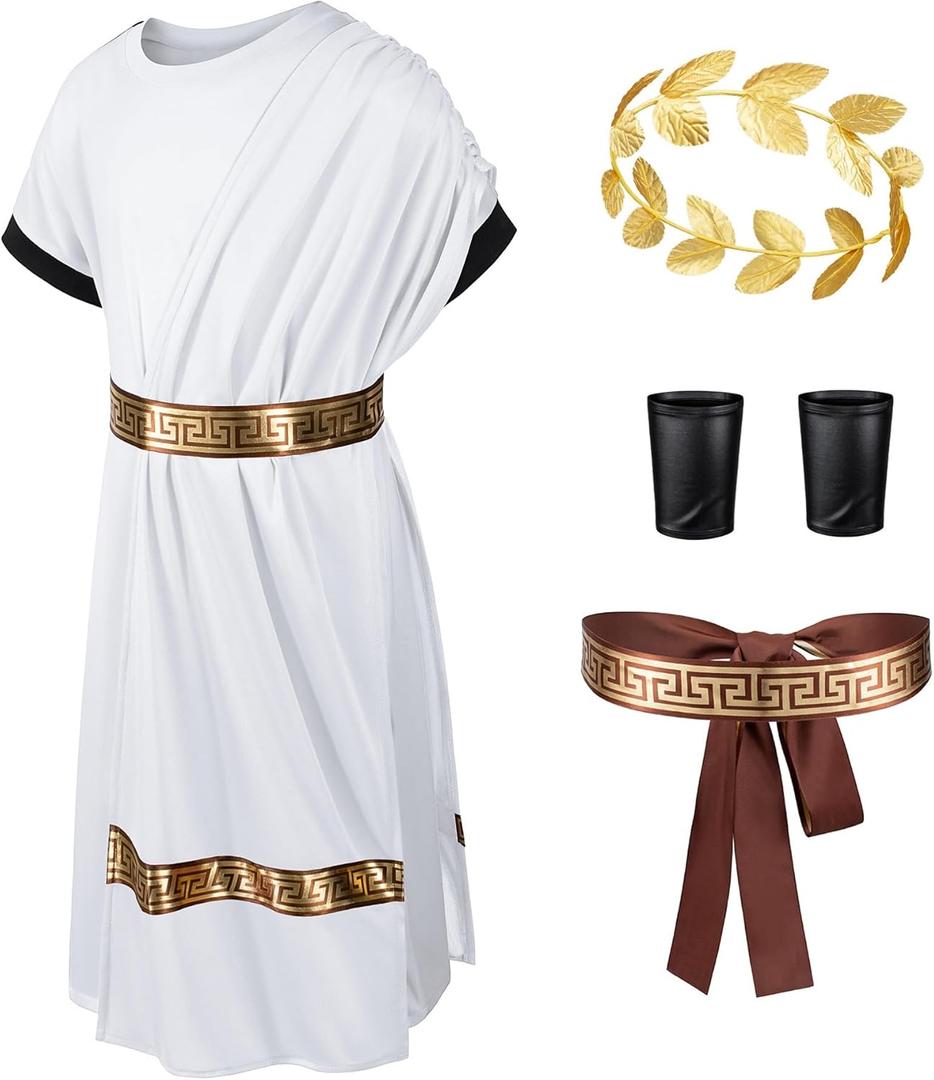 Kids Toga Costume Roman Robe Greek God Outfit Halloween Cosplay Costume Accessories Set, 7-8 years