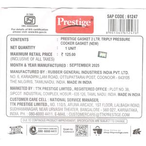 Gasket for Presttige 2 Litre Tri Ply Pressure Cooker, Single Piece