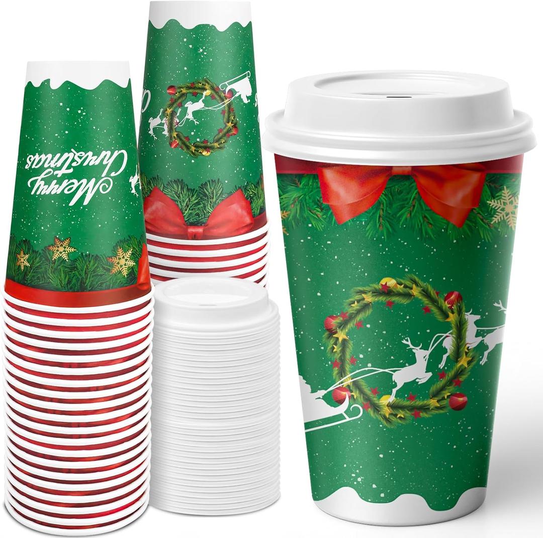 JOYEUX Christmas Disposable Coffee Cups with Lids 16 oz, To Go Coffee Cups, Holiday Paper Cups for Hot Cocoa, Hot Chocolate, Drinks Supplies, Xmas Dinner Party - 40 Pack