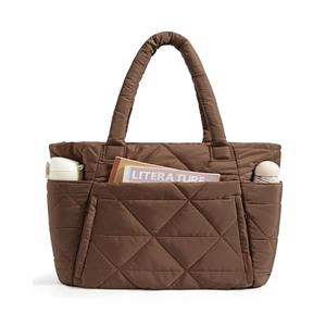 BAGSMART Tote Bag for Women, Puffy Tote Bag with Zipper, Large Quilted Shoulder Bag with Compartments for Travel, Work, Gym (Coffee)