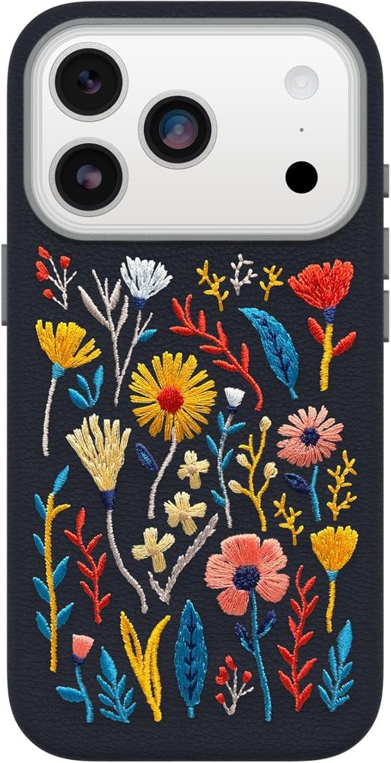 OtterBox iPhone 17 Pro Symmetry Series Cactus Leather Embroidery Case - Enchanted Garden - Blue - Textured, Embroidered Floral Artistic iPhone Case