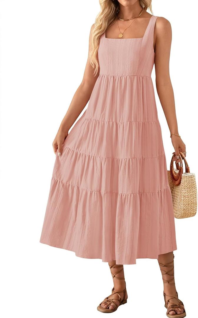 ZESICA Women's Summer Sleeveless Dress Casual Backless Loose Flowy Tiered Sundress Beach Cover up Tank Dresses (Pink, M)