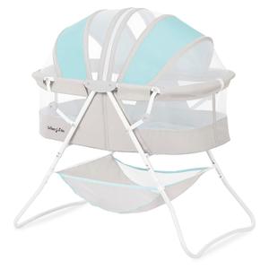 Dream On Me Karley Bassinet, Award Winner Lightweight Travel Baby Bassinet, Foldable Bedside Sleeper, Adjustable Double Canopy, Spacious Design, Soft Fabric, Storage Basket Blue and Grey