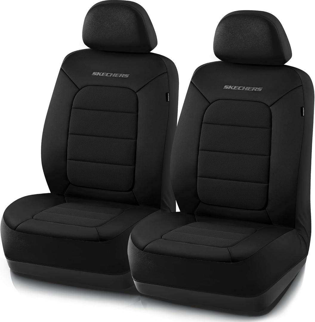 Skechers Memory Foam Car Seat Covers,Thick Cool Touch Fabric Seat Covers Front Seat Covers Airbag Compatible,Automotive Comfort Protection for Most Cars,Vans,Trucks,SUV,Black