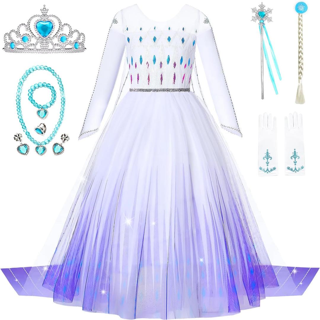 Girls Princess Elsa Dress Costume with Waist Sequins, Detachable Cape, Halloween Christmas Kid Snow Queen Dress Up (10-12T, White)