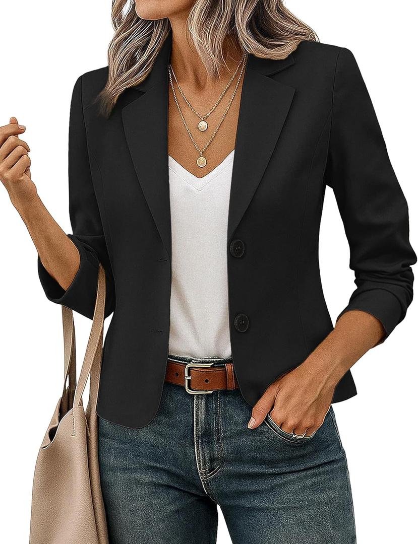 FOLUNSI Women's Business Casual Cropped Blazer Lapel Collar Long Sleeve Work Office Suit Jacket with Fully Lined (Large, Black)