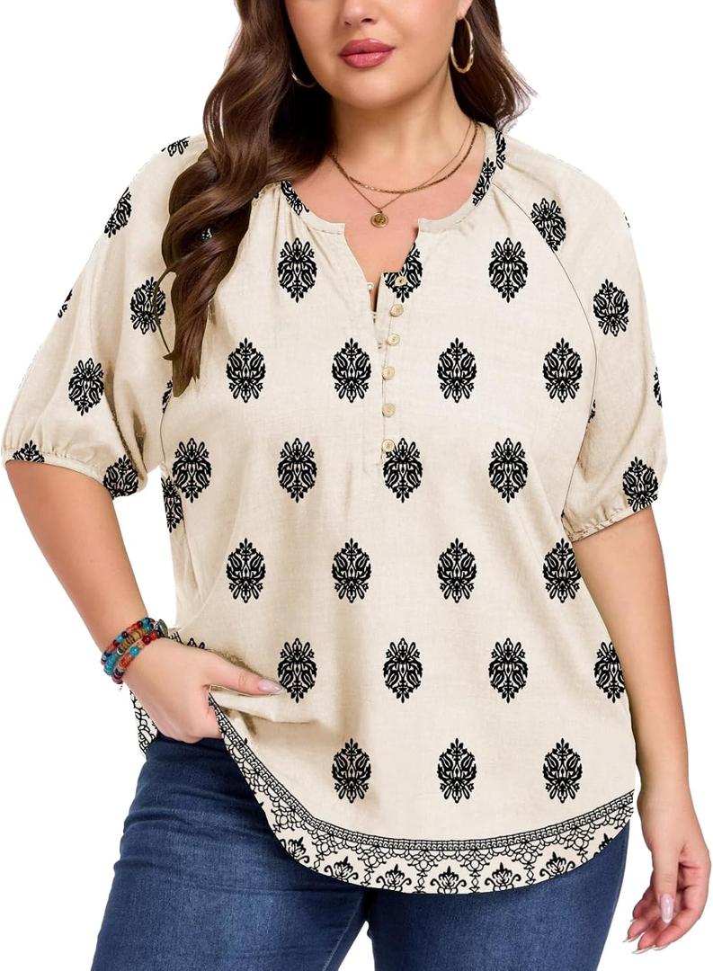 ForHailey Women's Plus Size Short Sleeve Summer Tops Casual Button Down V Neck Blouses Floral Clothing Trendy