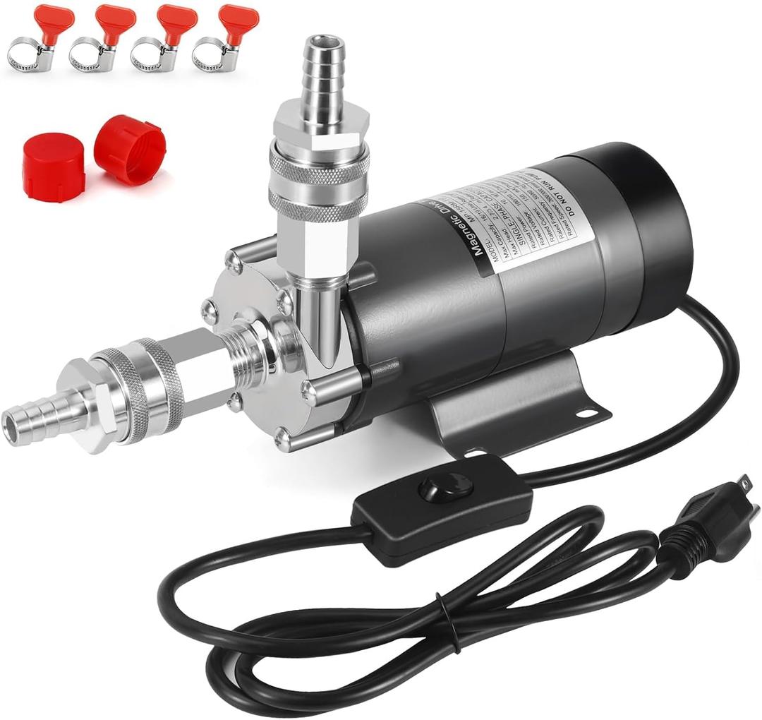 Wort Pump Food Grade Pump for Homebrew - High Temp Stainless Steel Magnetic Drive Pump Head Beer Brewing Equipment wine transfer Pump with Safety Switch, Beer Line Clamps, Quick Disconnect Set (Grey)