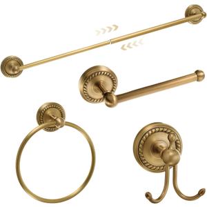 4 Pcs Antique Brass Gold Bathroom Accessories Set Wall-Mounted Adjustable Towel Rack & Round Towel Ring & Toilet Paper Holder & Robe Hook, Wall Mounted Brass Vintage Bath Hardware Set