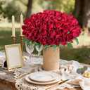 DREAMLOOM 50pcs Roses Artificial Flowers, Fake Roses Realistic with Long Stems Real Touch Silk Flowers Bouquet for Valentine's Day Wedding Anniversary DIY Floral Arrangement Gifts, Red