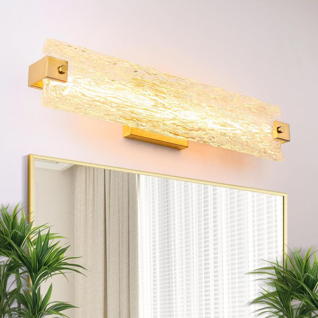 Brushed Gold LED Bathroom Vanity Light, 24.4 Inch 15W Modern Dimmable Bathroom Light Fixture Over Mirror, Crystal Bar Wall Sconce Lighting for Bath, 3CCT, OS-MM5001-3BG