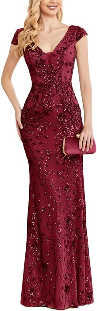 Womens Sequined Long Evening Gown Glamous Sleeveless V-Neck Mermaid Prom Dress for Wedding Party L