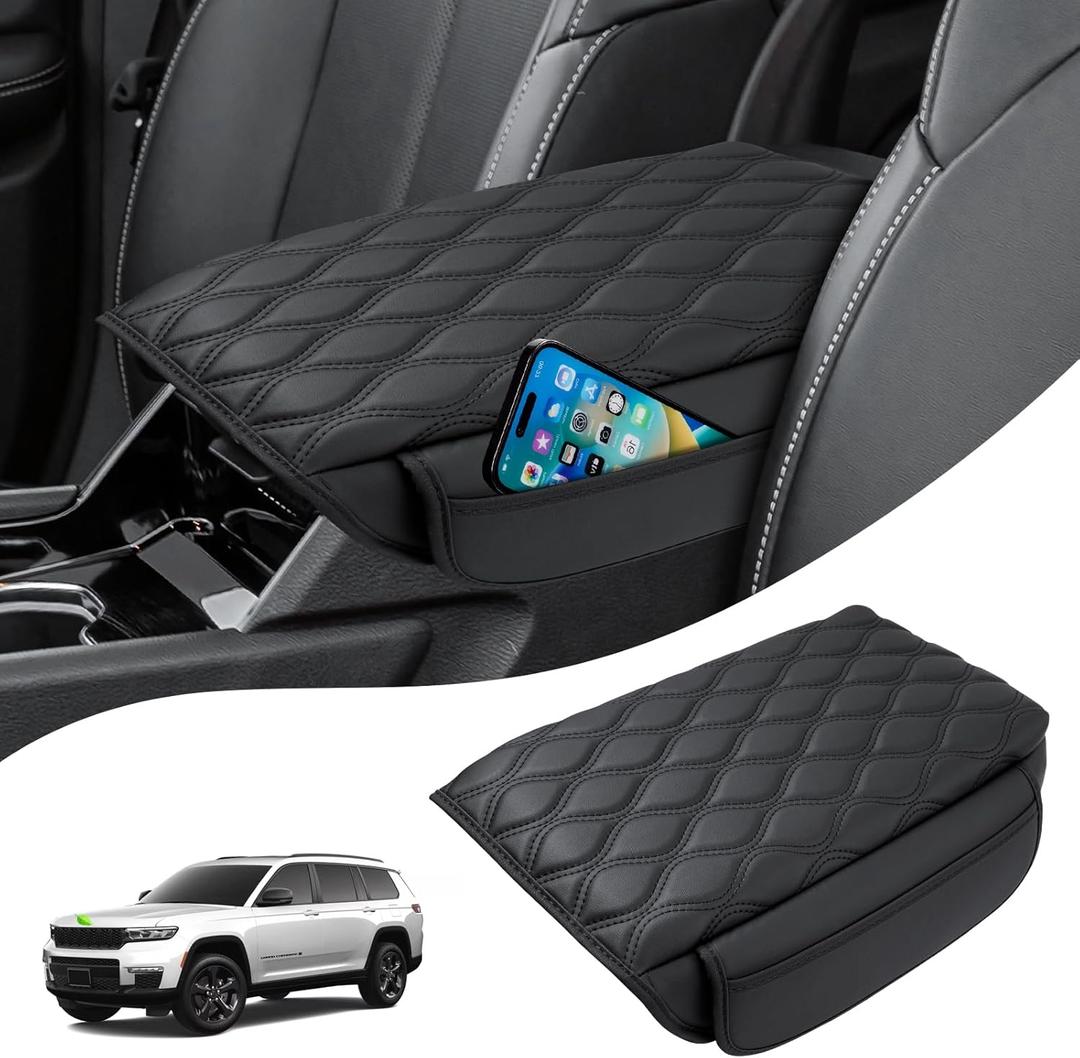 Autorder Center Console Cover for 2021-2025 2026 Jeep Grand Cherokee L Accessories Armrest Cushion Cover Nappa Leather Middle Console Covers Grand Cherokee L Console Cushion Pad Anti-Scratch
